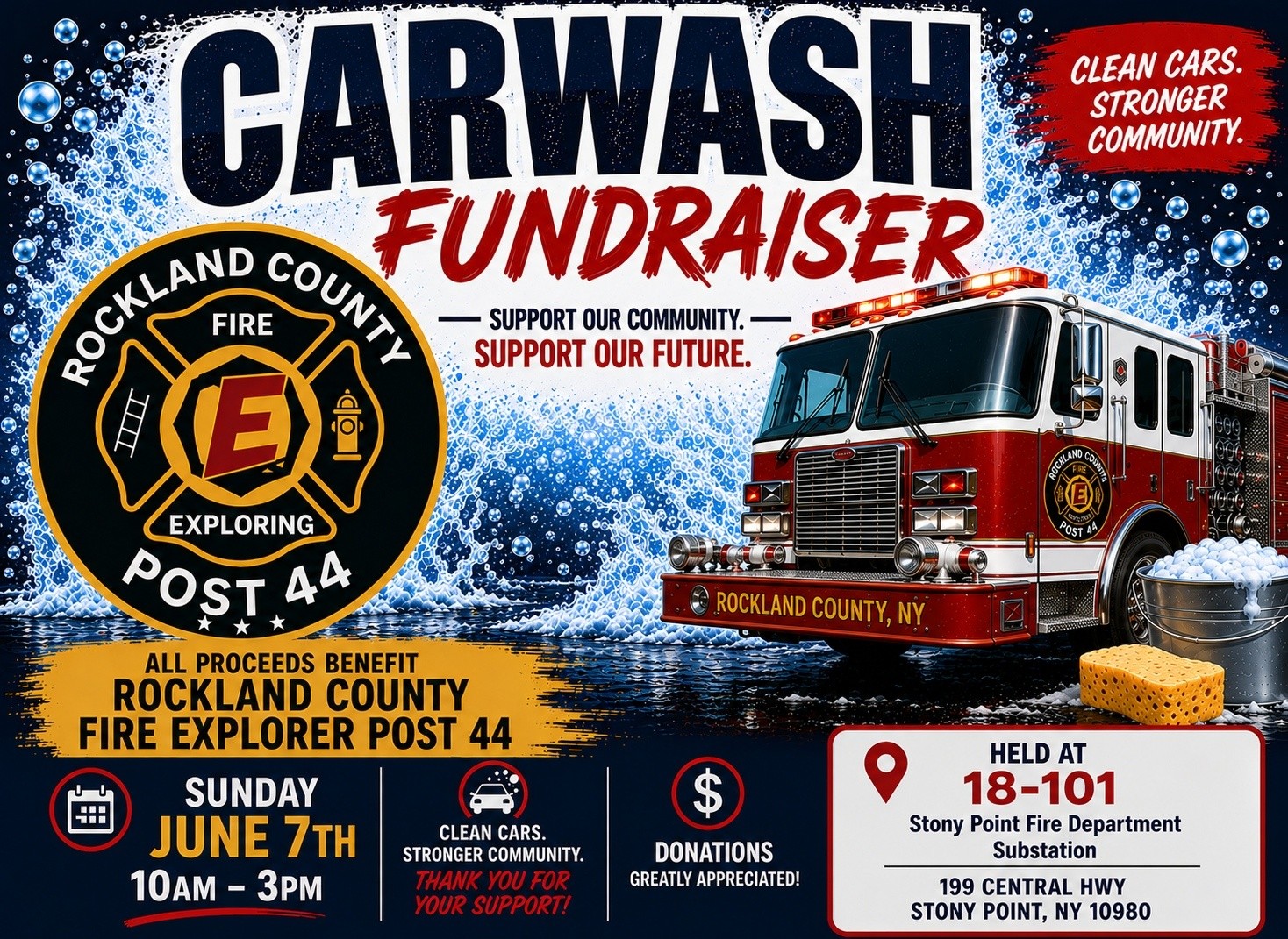 Carwash fundraiser flyer for Rockland County Fire Explorer Post 44; event on June 7th, 10am–3pm at 18-101 Stony Point Fire Dept. Image includes firetruck, sponge, and donation/safety icons.